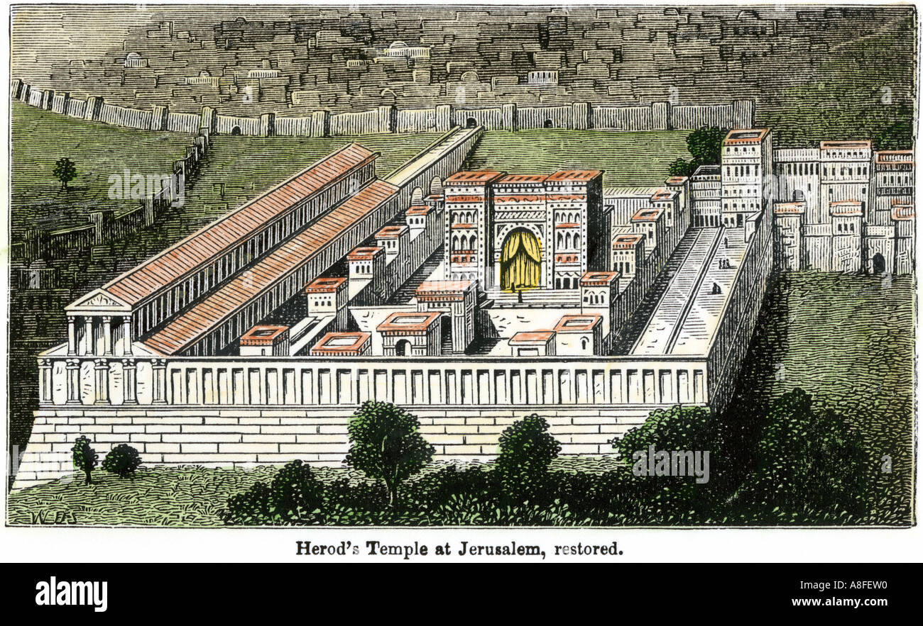 Tempio sotto Erode quando Gerusalemme fu all'interno dell'Impero Romano. Colorate a mano la xilografia Foto Stock