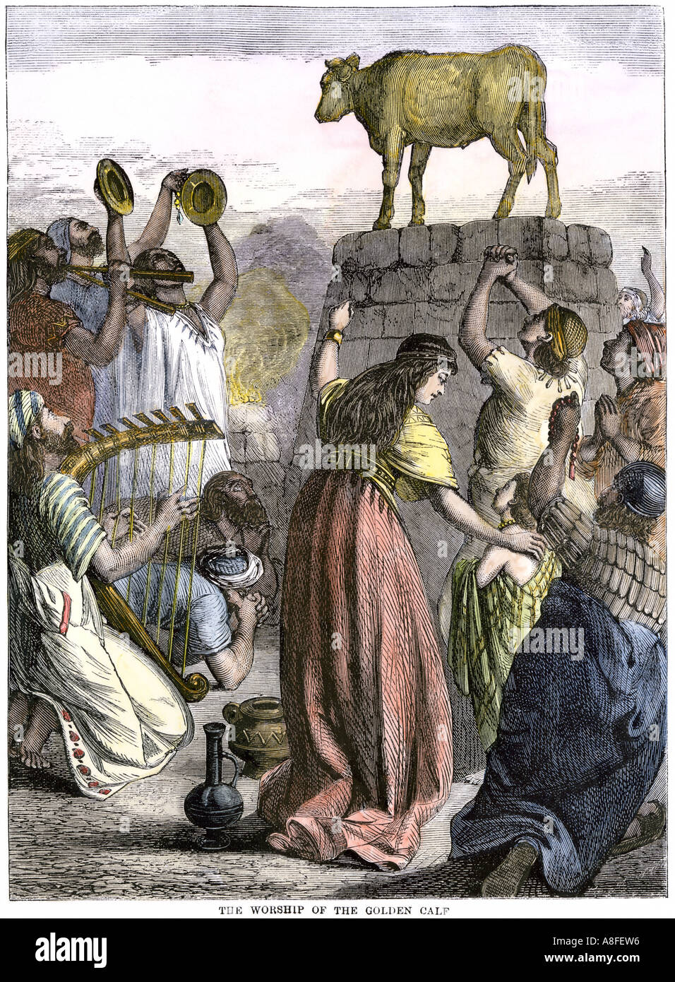 Il culto del vitello d'oro dagli Israeliti al tempo di Mosè. Colorate a mano la xilografia Foto Stock