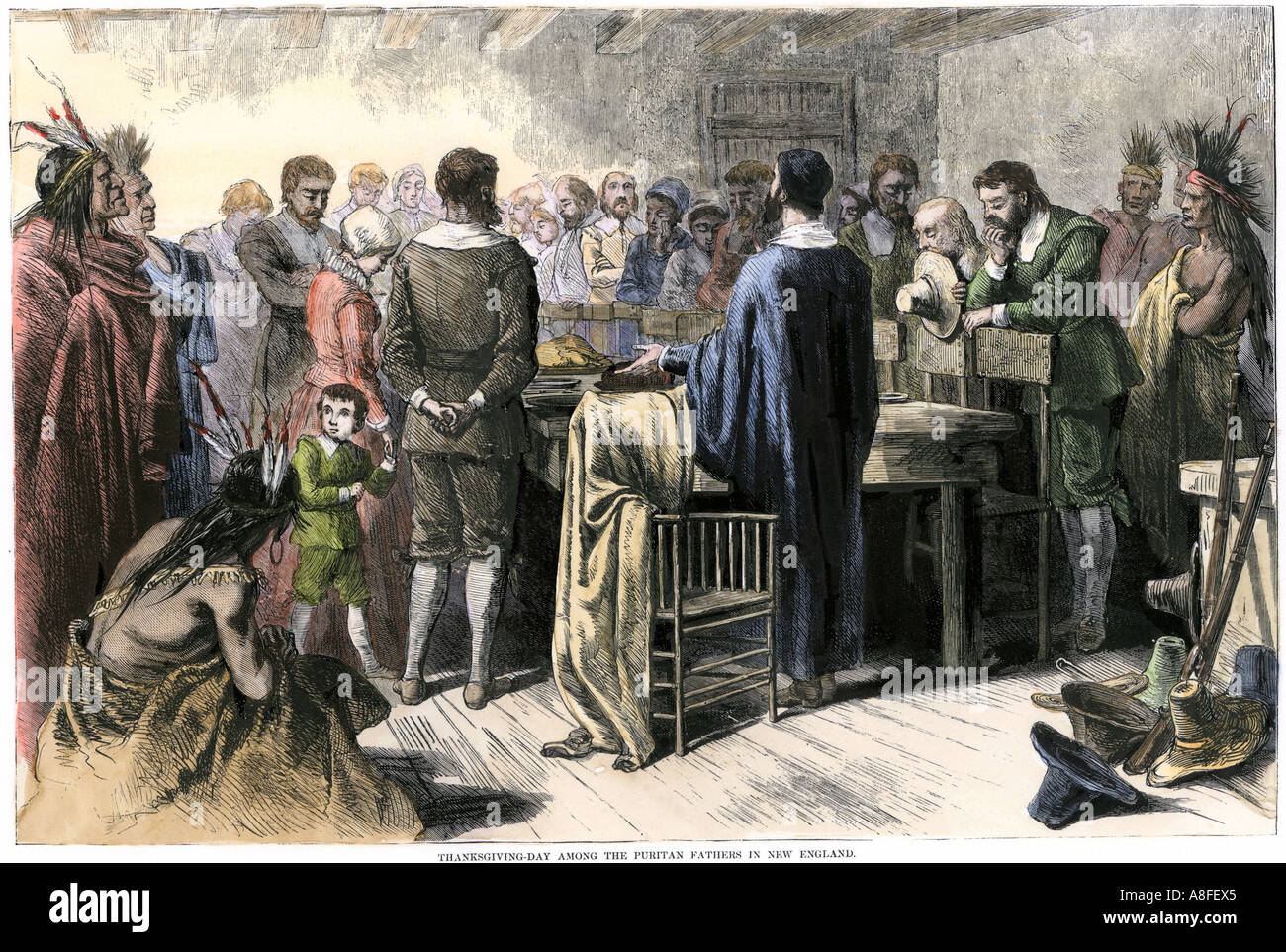 La Giornata del ringraziamento festa tra il Puritans e nativi americani del New England 1620 s. Colorate a mano la xilografia Foto Stock