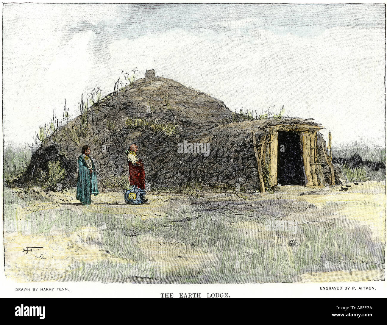 Massa lodge di Omaha indiani sulle grandi pianure 1800s. Colorate a mano la xilografia Foto Stock