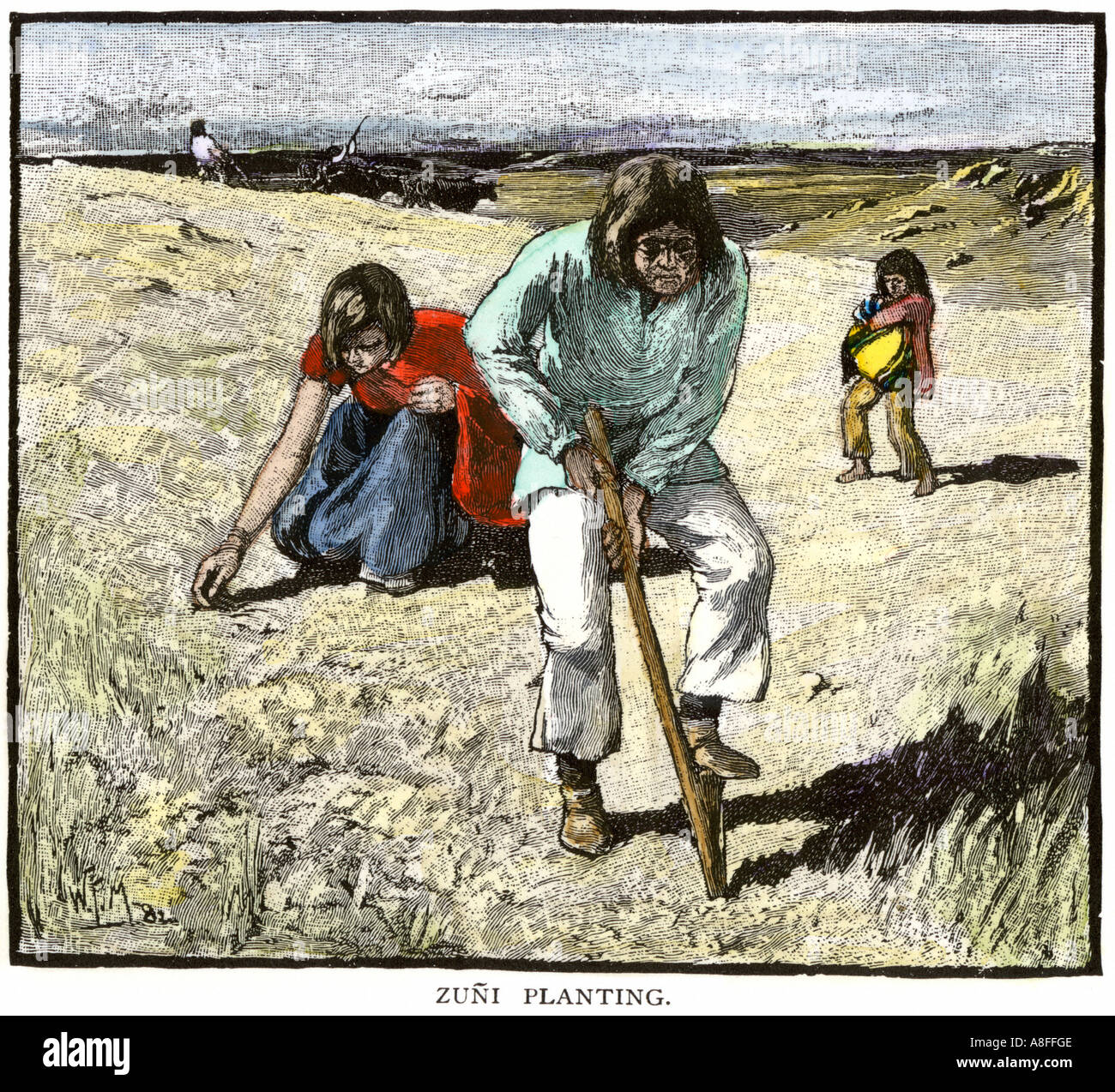 Zuni famiglia indiana di piantare le loro colture vicino a loro pueblo nel Nuovo Messico. Colorate a mano la xilografia Foto Stock