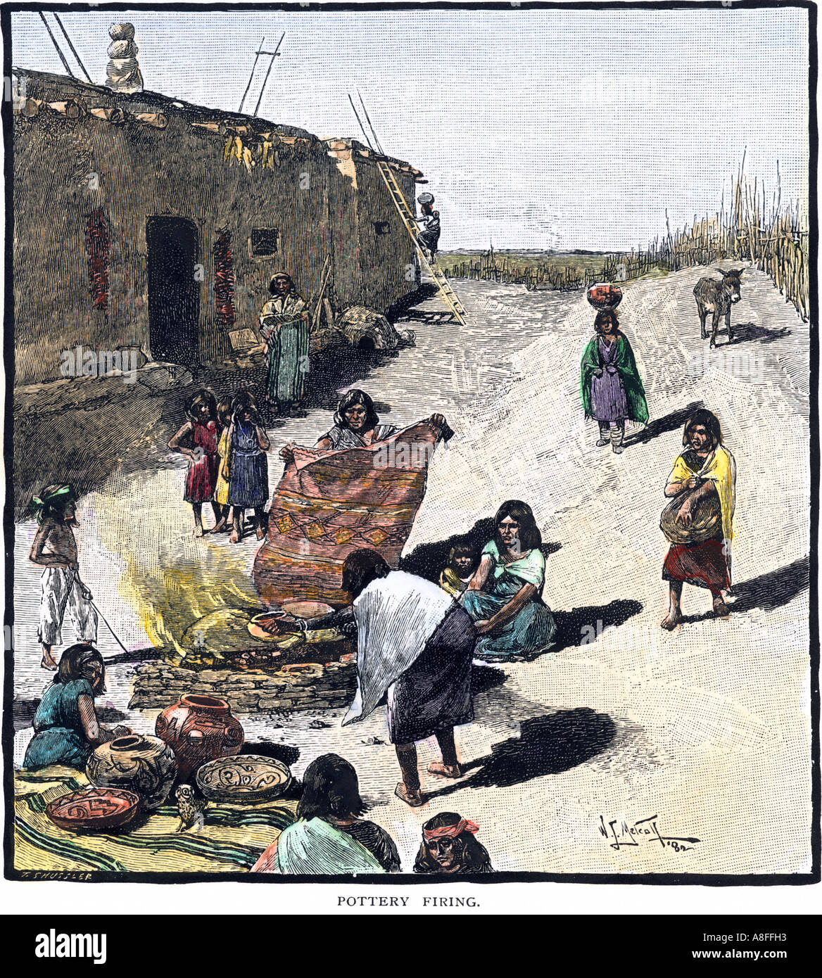 Pueblo le donne indiane la cottura ceramica in Nuovo Messico 1800s. Colorate a mano la xilografia Foto Stock