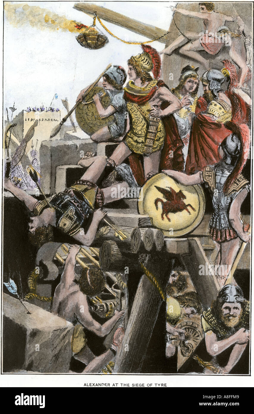 Alessandro il Grande comandando l'esercito greco all'assedio di pneumatico 332 BC. Colorate a mano di mezzitoni una illustrazione Foto Stock