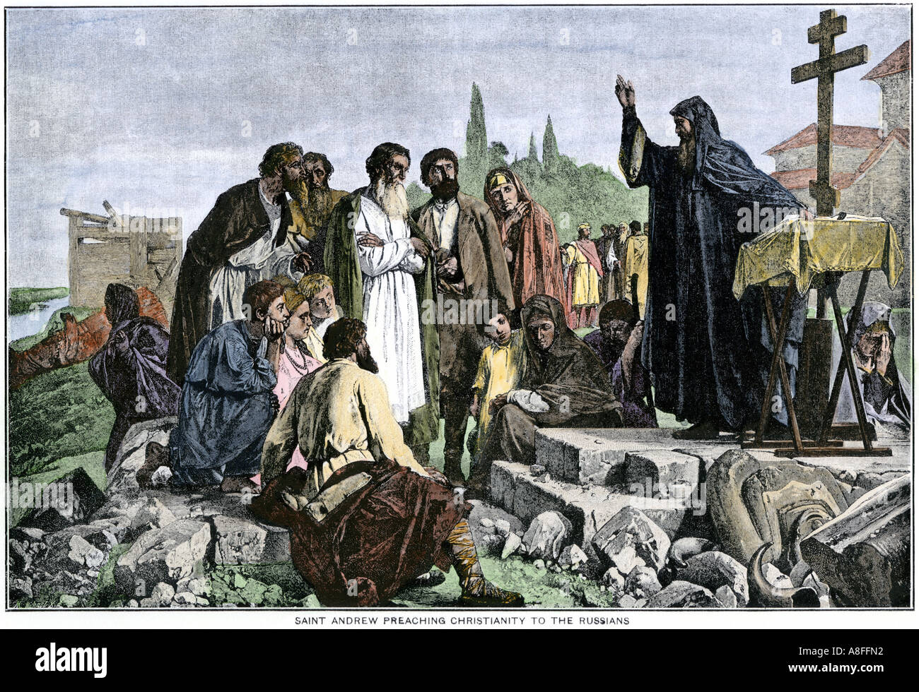 Apostolo Andrea portando il cristianesimo per i russi. Colorate a mano di mezzitoni una illustrazione Foto Stock