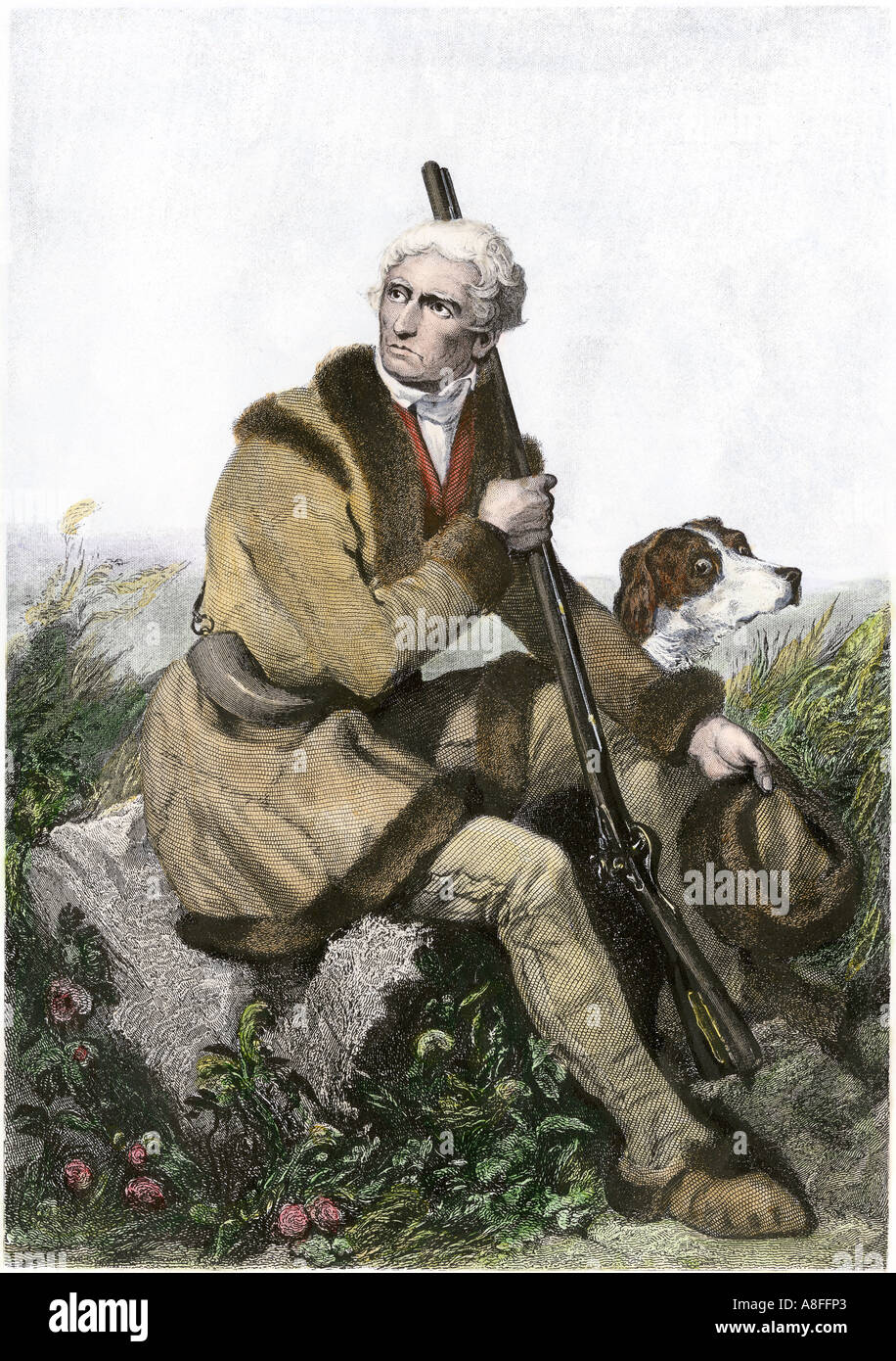 Daniel Boone pioniere del Kentucky con il suo fucile e cane. Colorate a mano incisione in acciaio Foto Stock