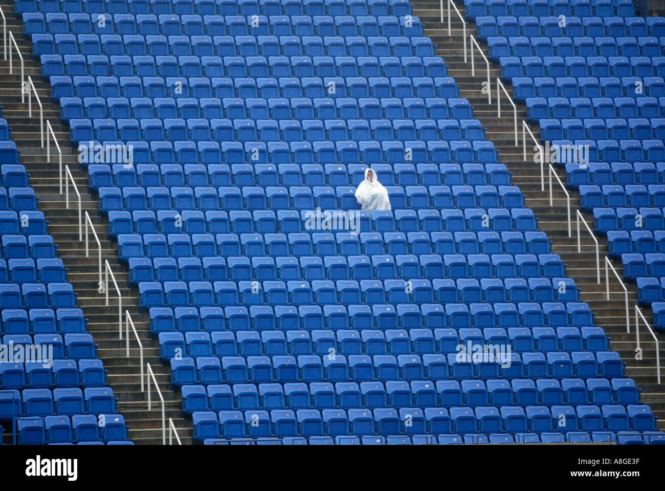 Un tifoso da solo in uno stadio vuoto durante un ritardo della pioggia Foto Stock