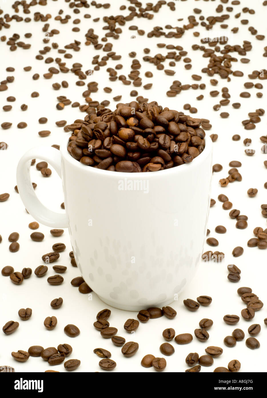 Tazza da caffè riempiti con i chicchi di caffè e fagioli sparsi su sfondo bianco in un studio. Foto Stock