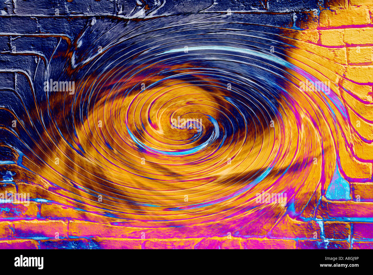 Muro di mattoni manipolato digitalmente per sfondo modello vortex. Foto Stock