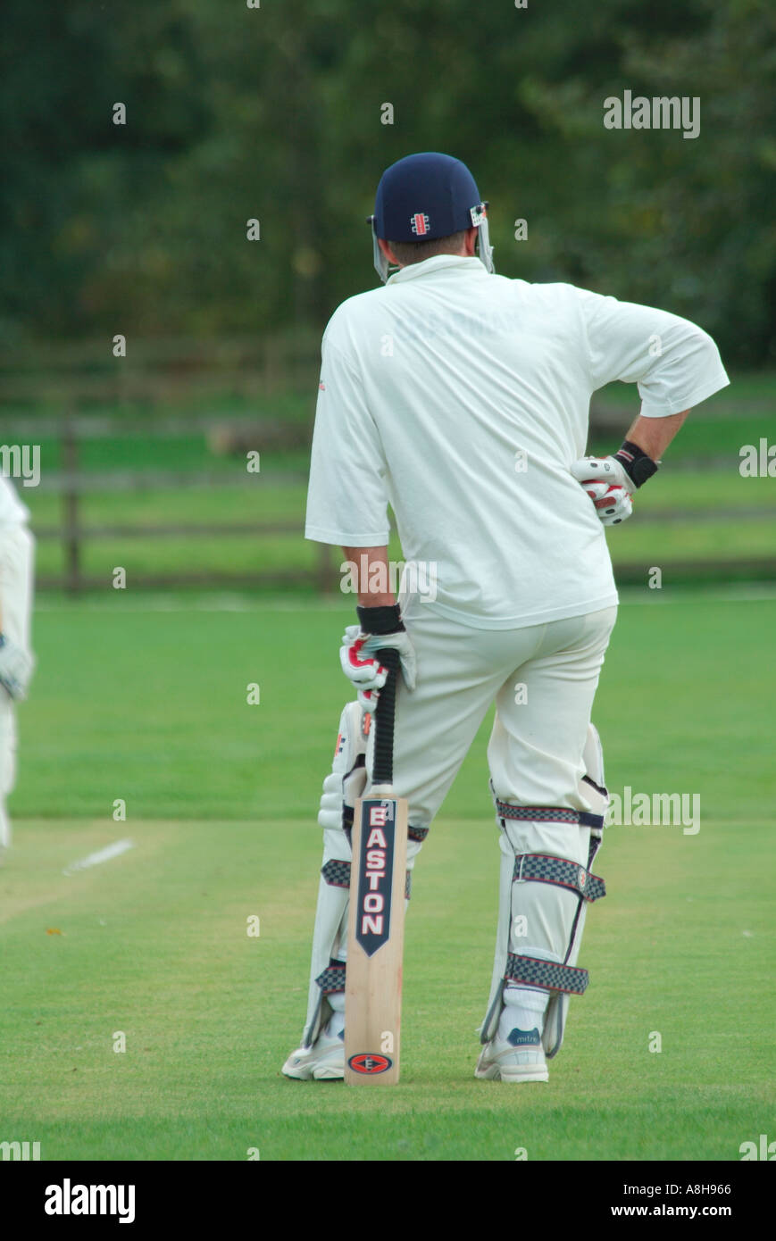 Gli uomini che giocano a cricket su village cricket ground Foto Stock