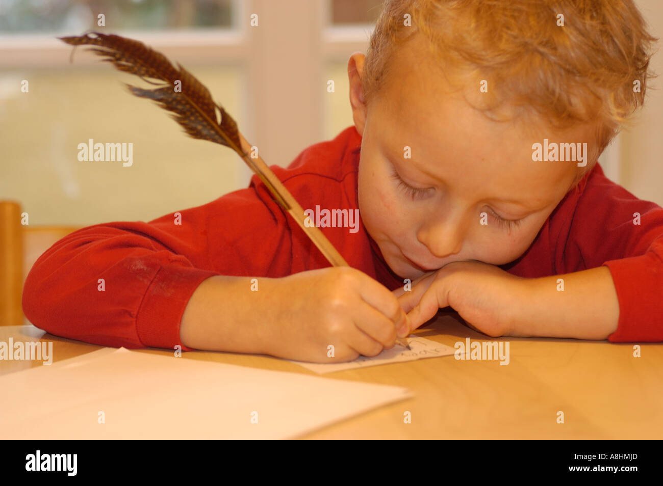 Cinque anni di vecchio ragazzo iscritto Foto Stock