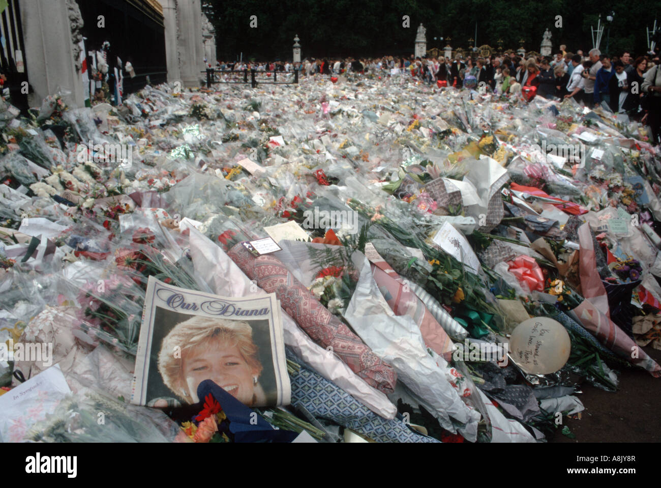 Regno Unito bouquet di fiori di cui al di fuori Kensington Palace poco dopo Lady Diana Spencer morte Londra Settembre 1997 Foto Stock