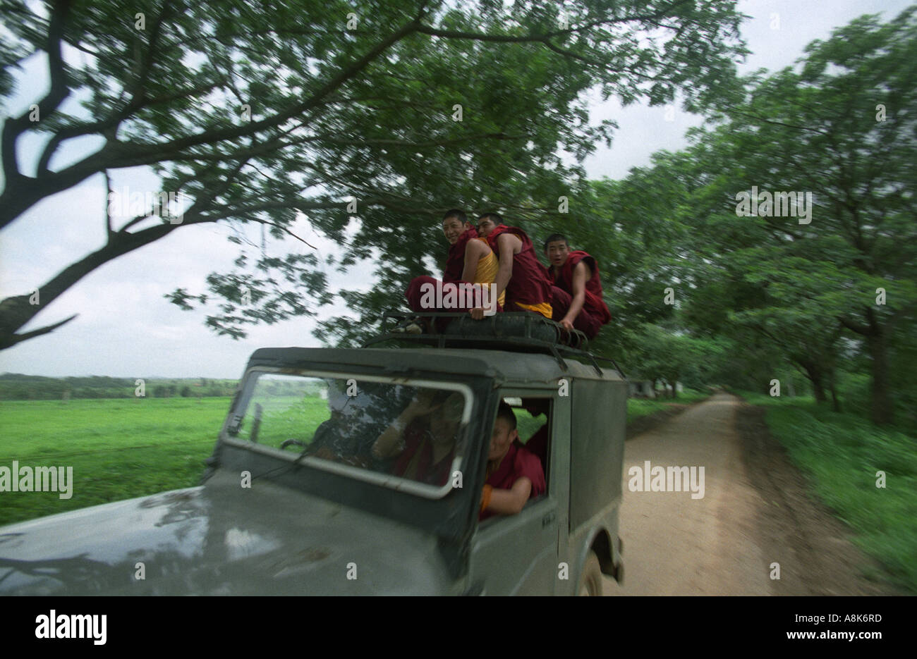Monaci Tibetani ride in e sulla parte superiore di una jeep tra posti vicino al Drepung Gomang monastero fuori di Mundgod, India. Foto Stock