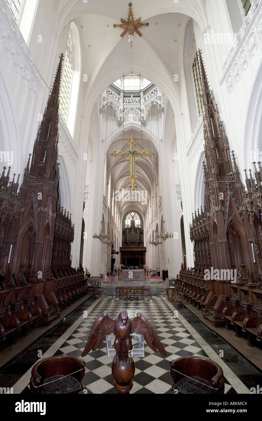 Cattedrale di nostra Signora, bancarelle del coro, vista dall'altare, anversa, belgio Foto Stock