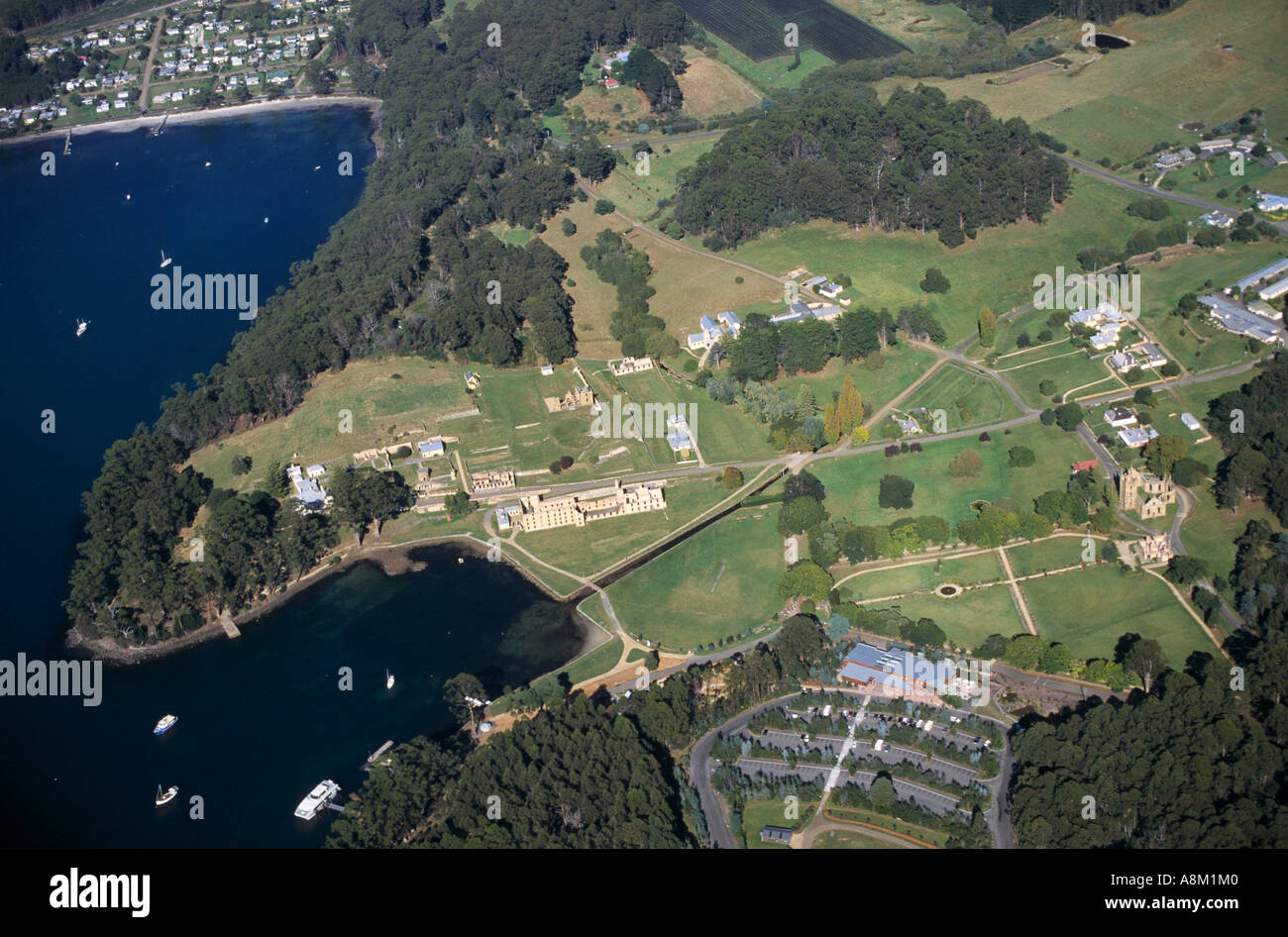 Vista aerea del Porto Arthur colonia penale,Penisola Tasmana, SE Tasmania, Australia, orizzontale Foto Stock