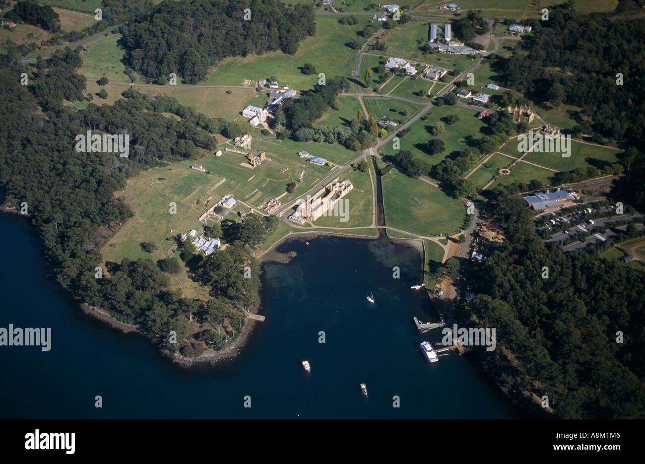 Vista aerea del Porto Arthur colonia penale,Penisola Tasmana, SE Tasmania, Australia, orizzontale Foto Stock