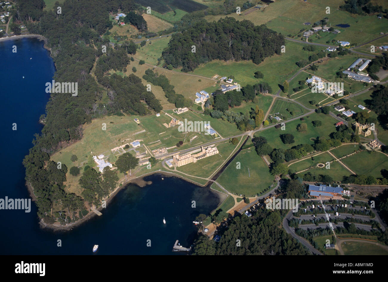 Vista aerea del Porto Arthur colonia penale,Penisola Tasmana, SE Tasmania, Australia, orizzontale Foto Stock