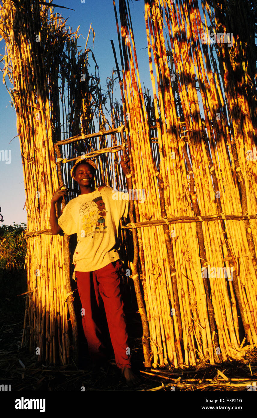 Kunda uomo casa edili, sud luangwa, Zambia Foto Stock