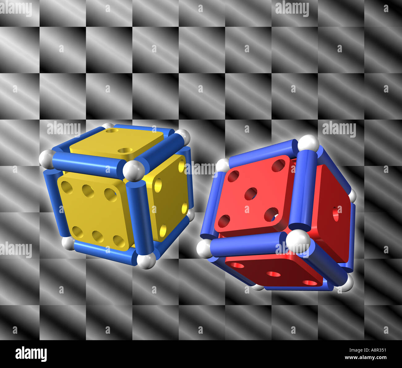 Due dadi immaginario contro una surreale metallico background cercando Foto Stock