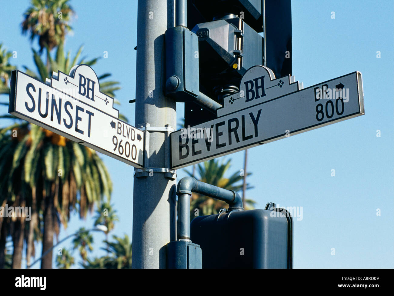 Seguire le indicazioni per Sunset Boulevard di Beverly Hills a Los Angeles California USA Foto Stock