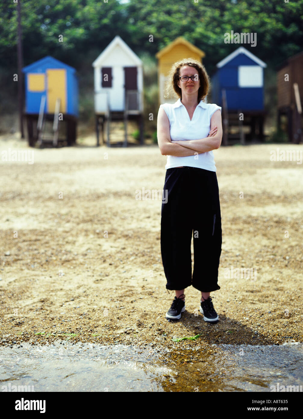 British beach hut donna pozzetti prossima vacanza mare, Regno Unito Foto Stock