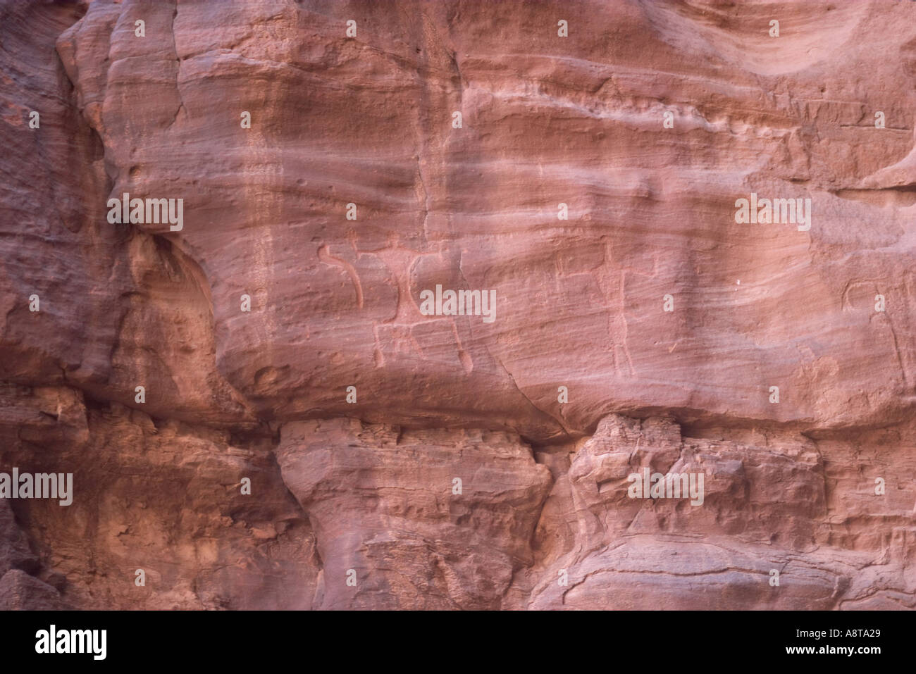Nabataean antiche incisioni rupestri a Khazali Wadi Rum Giordania Foto Stock