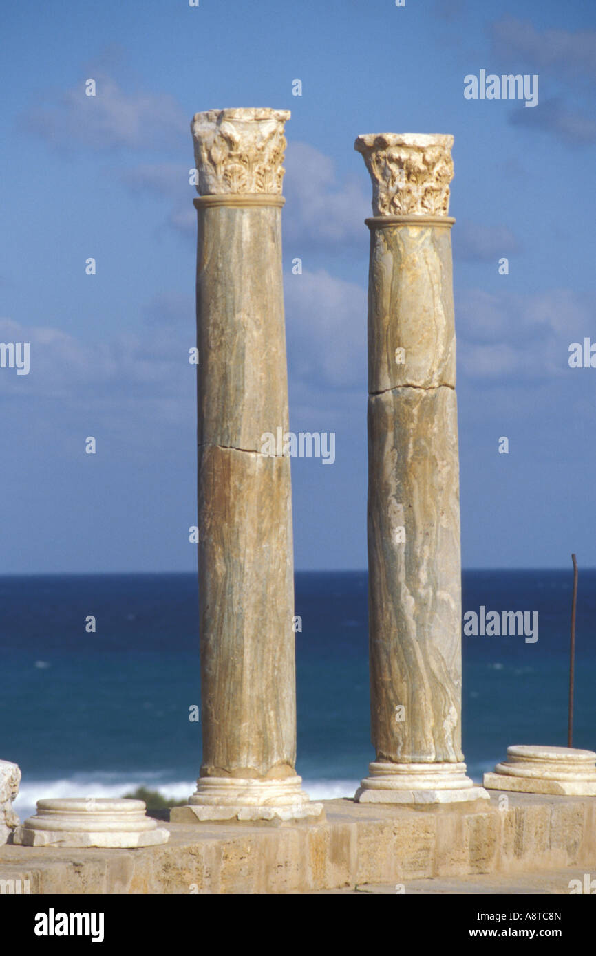 Colonne di Leptis Magna, Libia, Sahara Foto Stock