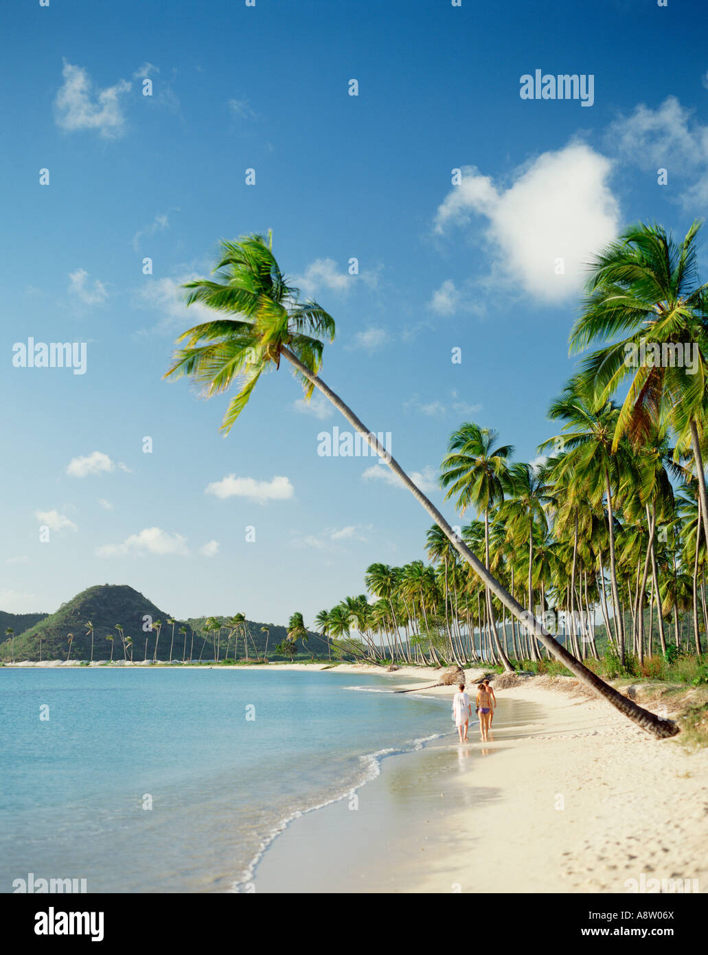 Antigua. Due donne e un uomo che cammina lungo il Jolly beach. Foto Stock
