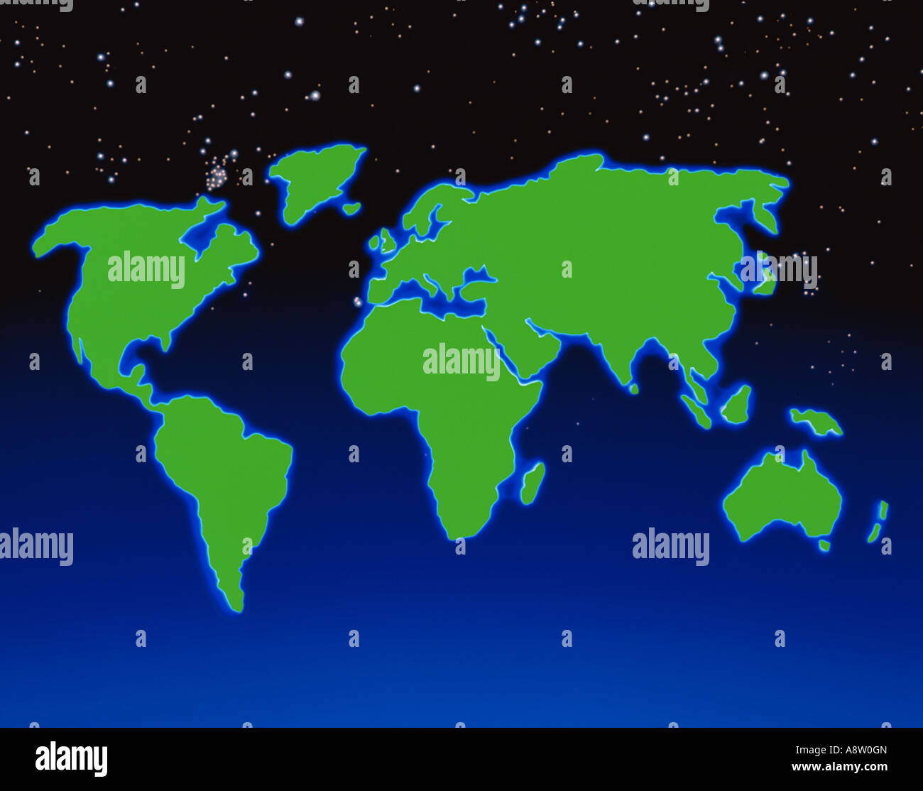 Profilo illustrazione mappa mondiale del pianeta terra terra di masse contro il cielo stellato. Foto Stock