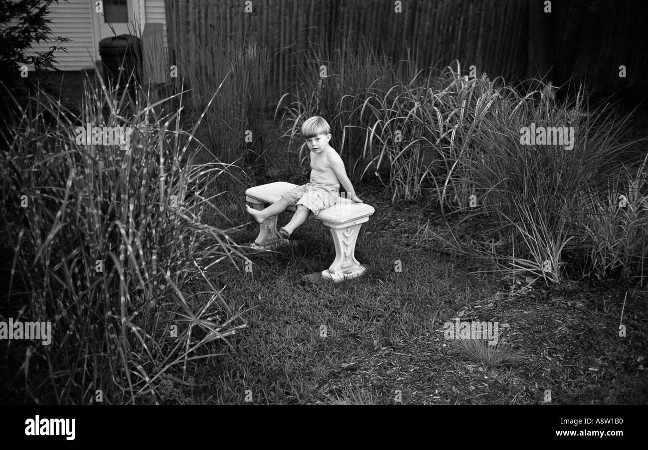 Piccolo Ragazzo seduto su di una pietra bianca tra banco di alte erbe in un giardino suburbano impostazione Foto Stock