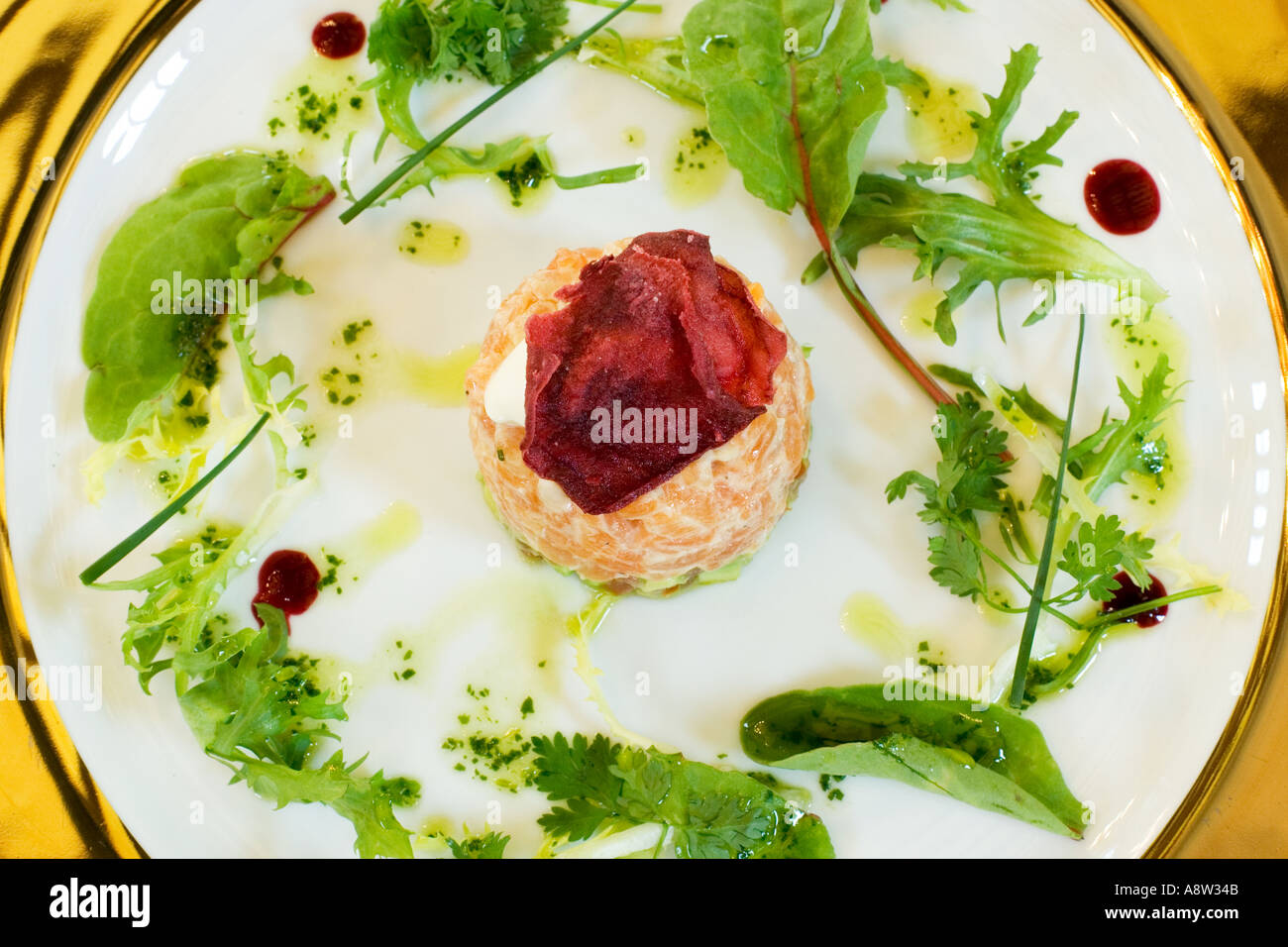 Raffinati ristoranti, una terrina di salmone starter su una piastra bianca Foto Stock