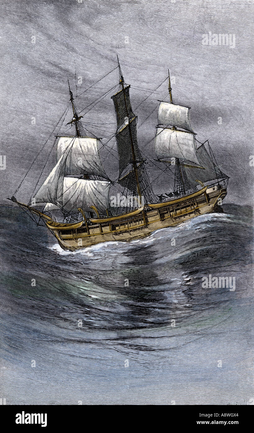 In legno antico nave baleniera sotto la vela. Colorate a mano la xilografia Foto Stock