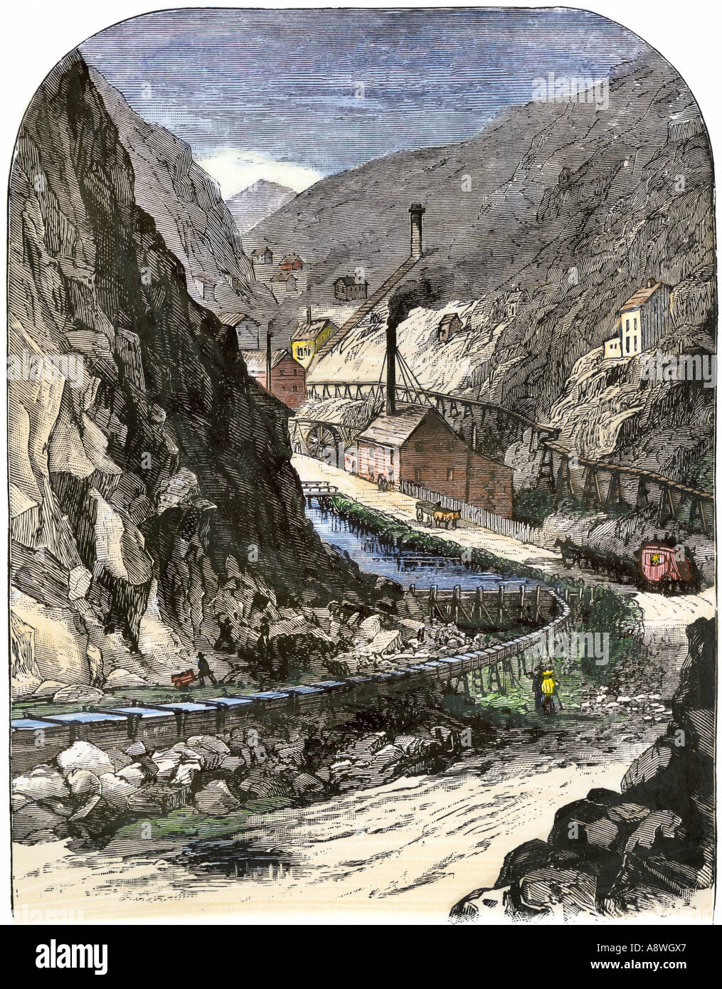 Gulch mining nell'ovest americano circa 1890. Colorate a mano la xilografia Foto Stock