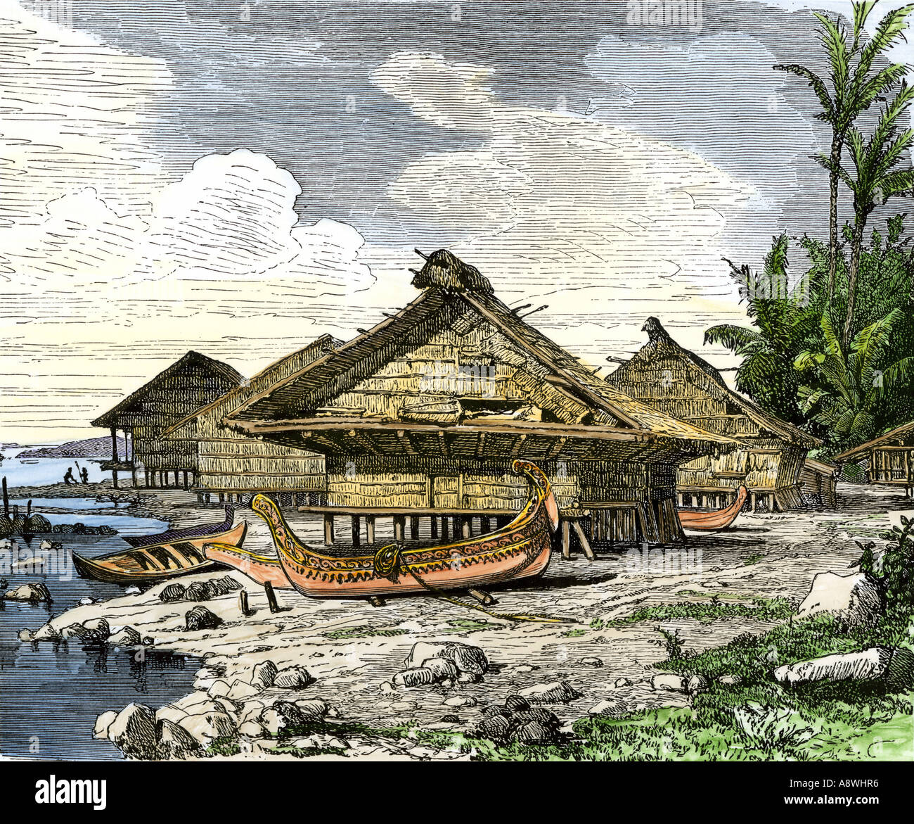 Villaggio nativo di Warus Warus Ceram nelle Molucche o isole delle spezie delle Indie Orientali. Colorate a mano la xilografia Foto Stock