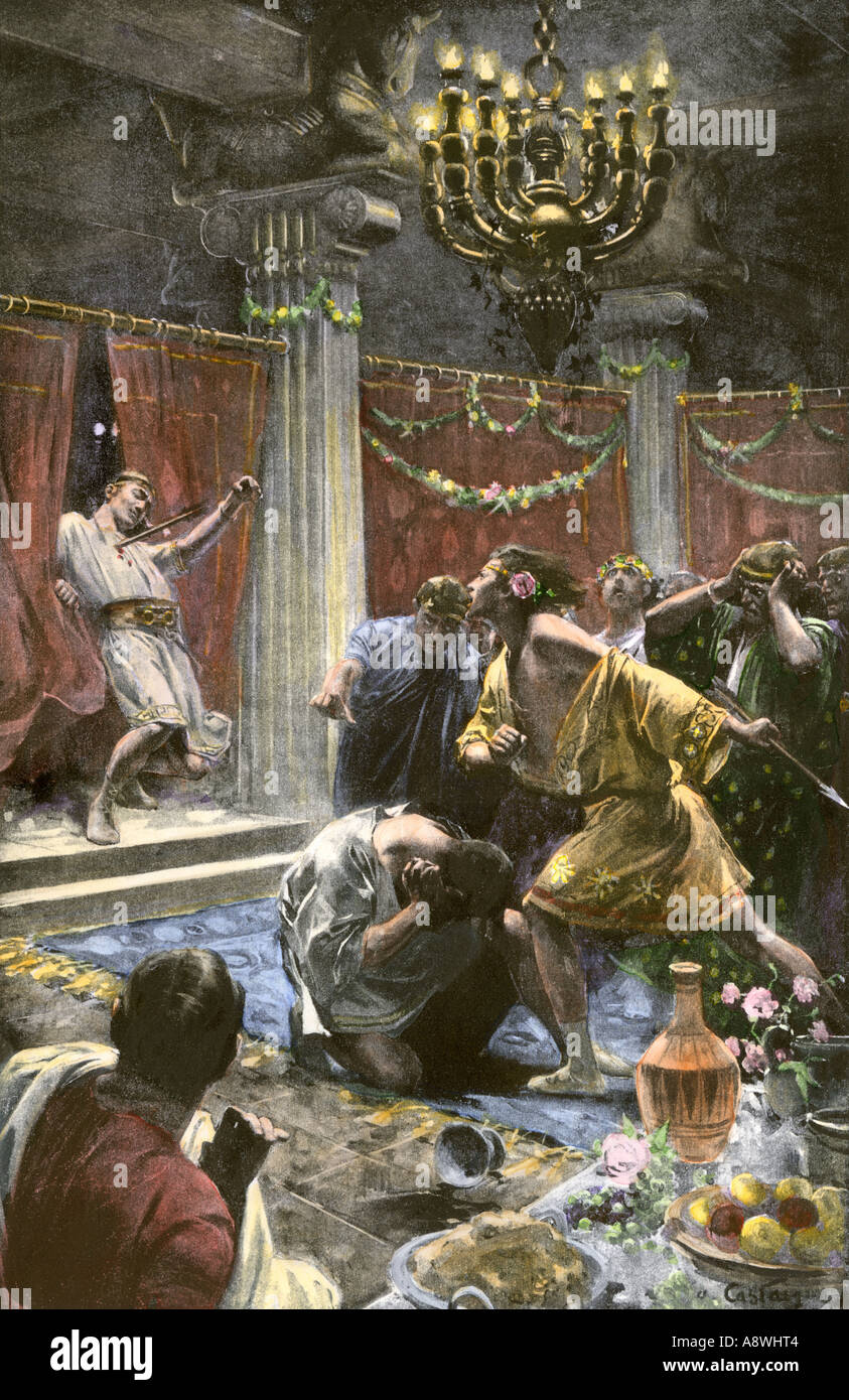 Alessandro il Grande assassinio Clitus in un drunken rage. Colorate a mano di mezzitoni una illustrazione Foto Stock
