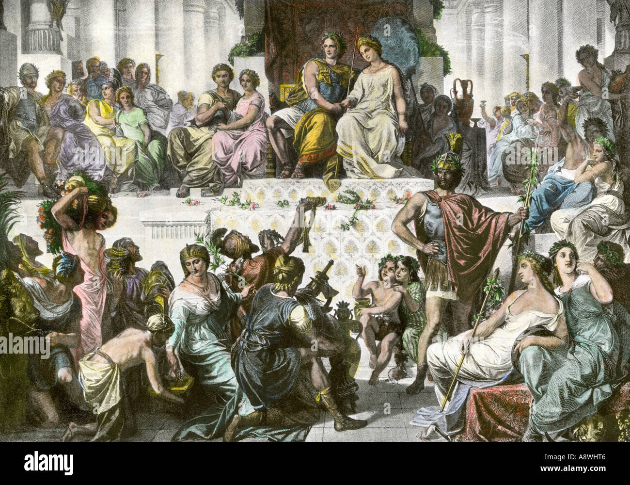 Nozze di Alessandro Magno e Stateira a Susa, 324 BC. Colorate a mano di mezzitoni una illustrazione Foto Stock