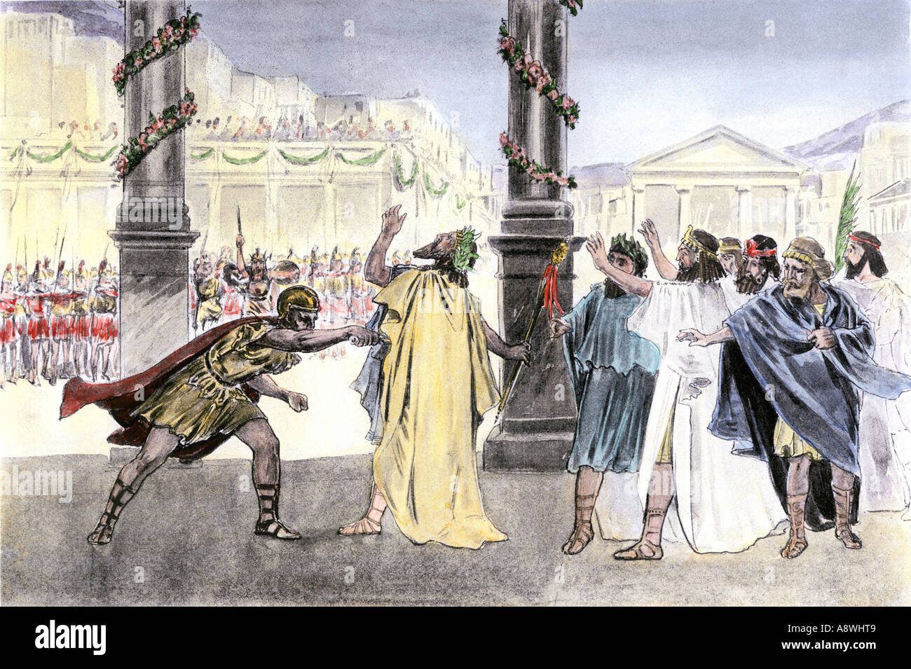 Assassinio di Filippo II di Macedon provocando il suo figlio Alexander per diventare re. Colorate a mano di mezzitoni una illustrazione Foto Stock