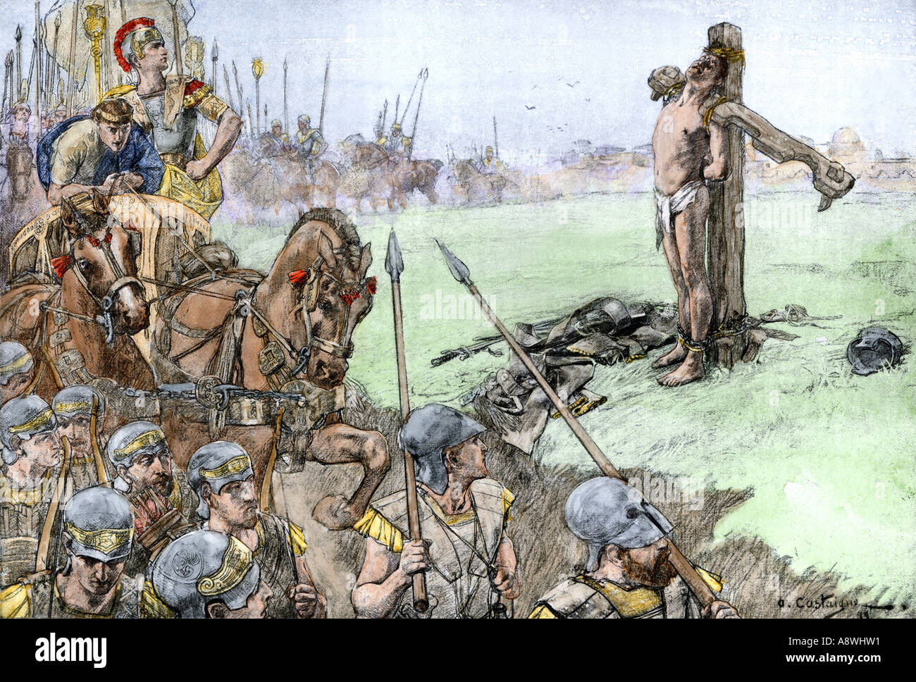 Alessandro il Grande punire Bessus di Battriana per la sua opposizione 328 BC. Colorate a mano di mezzitoni una illustrazione Foto Stock