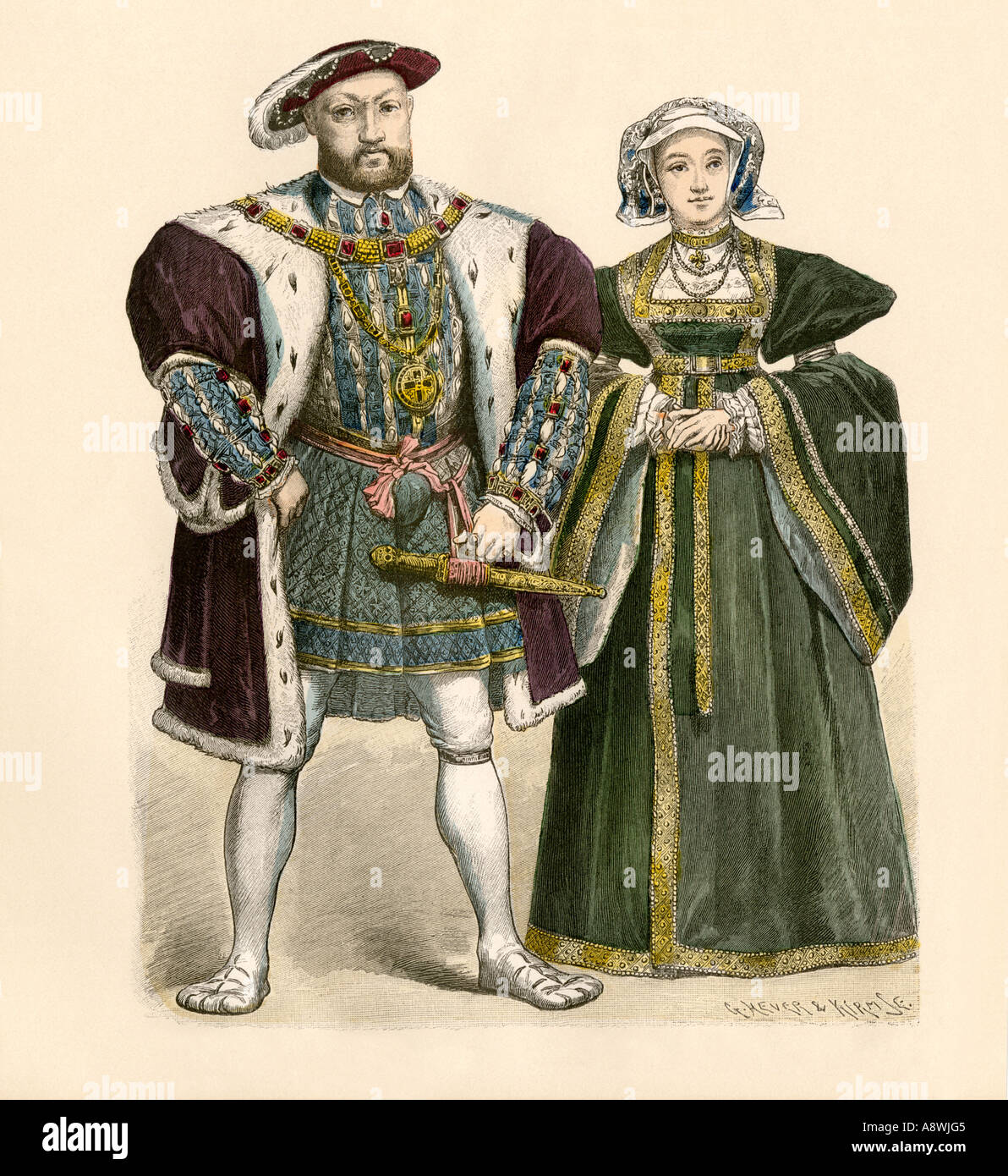 Il re Enrico VIII con la sua quarta moglie Anne of Cleves 1500s. Colorate a mano la stampa Foto Stock