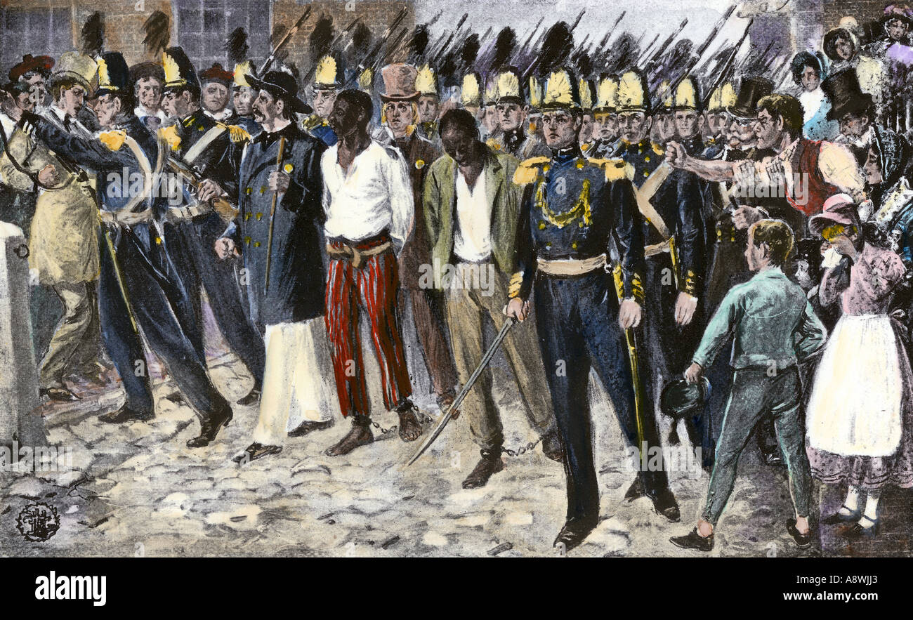 Runaway schiavi Anthony Burns e Thomas Sims catturato in Boston e restituito a Carolina del Sud sotto Fugitive Slave Act 1850. Colorate a mano i mezzitoni Foto Stock