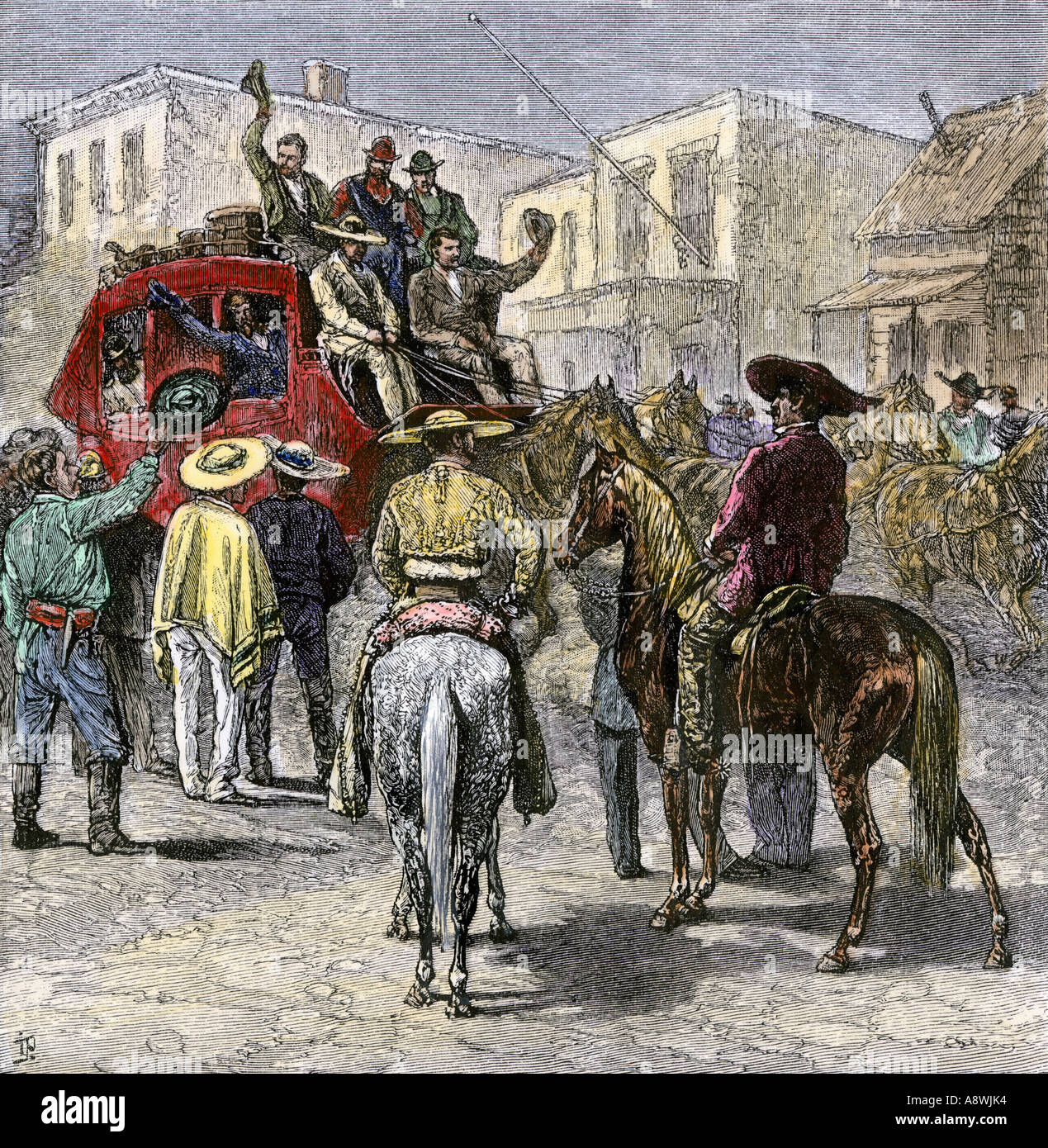 Stagecoach lasciando Fort Worth Texas per Yuma Arizona 1870s. Colorate a mano la xilografia Foto Stock