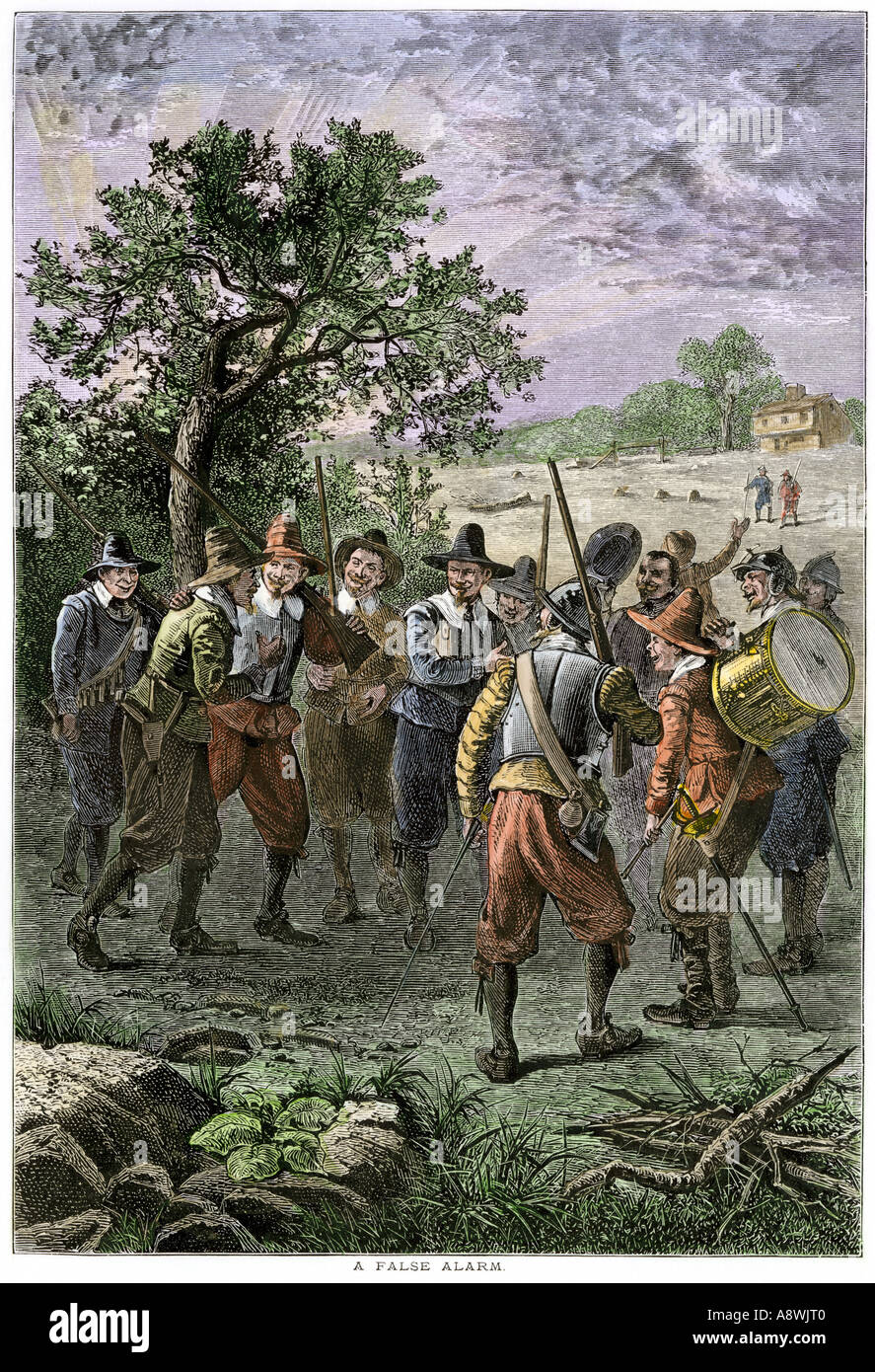 Coloni armati tornando a casa dopo un falso avviso di attacco indiano in Massachusetts Bay Colony 1600s. Colorate a mano la xilografia Foto Stock