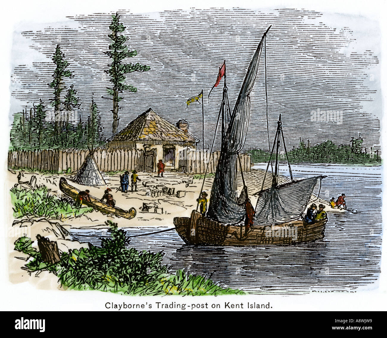 Primo trading post di Clayborne on Kent isola nella baia di Chesapeake 1631. Colorate a mano la xilografia Foto Stock