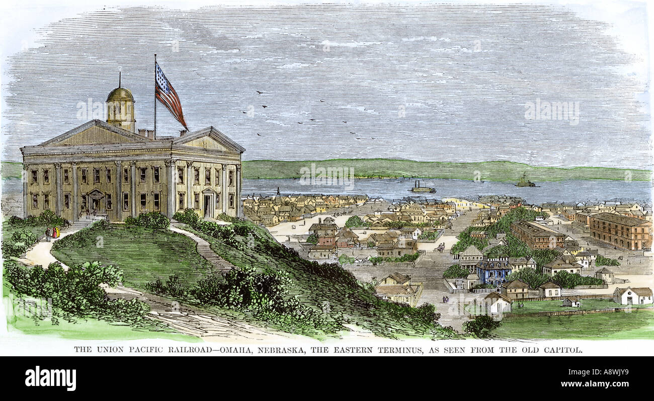 Omaha e il primo Nebraska State Capitol Building nel 1860s. Colorate a mano la xilografia Foto Stock