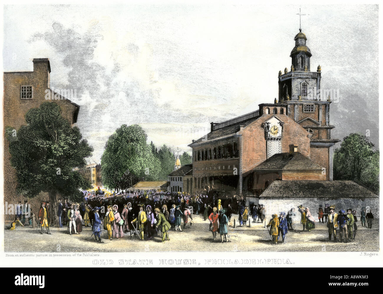 Old State House in seguito chiamato Independence Hall di Filadelfia 1700s. Colorate a mano incisione in acciaio Foto Stock
