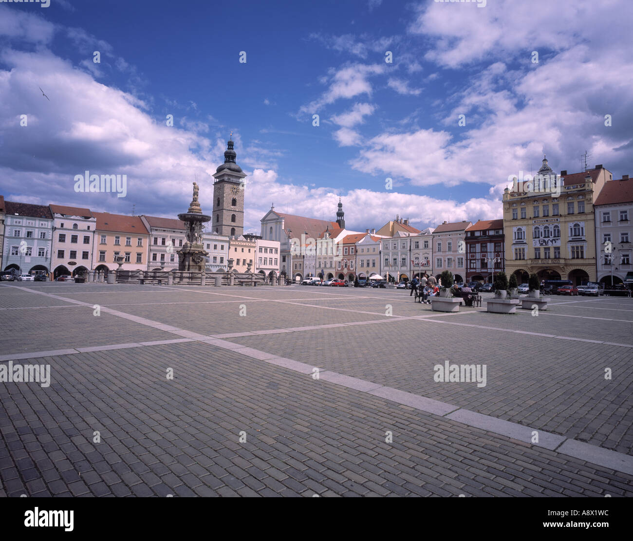 Città Townsquare Budweis, S. Bohemia Repubblica Ceca Foto Stock