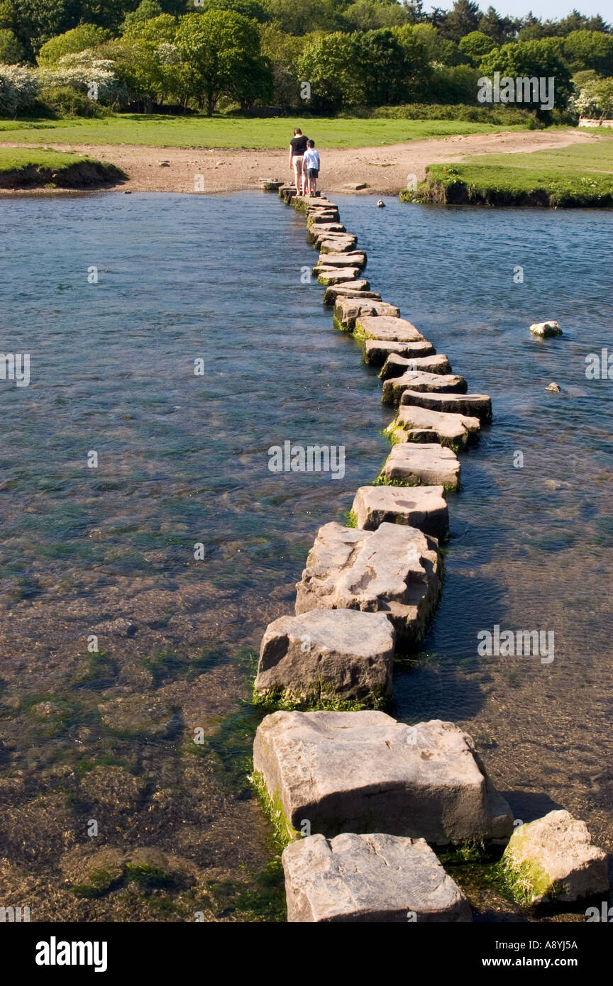 Pietre miliari sul fiume Ogwr Ogmore Castle Ogmore Vale of Glamorgan Galles del Sud Foto Stock