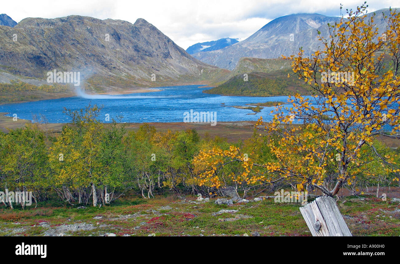 Il vento di riproduzione su un lago in Jotunheimen durante la rotazione delle stagioni / estate indiana, Jotunheimen, Norvegia Foto Stock