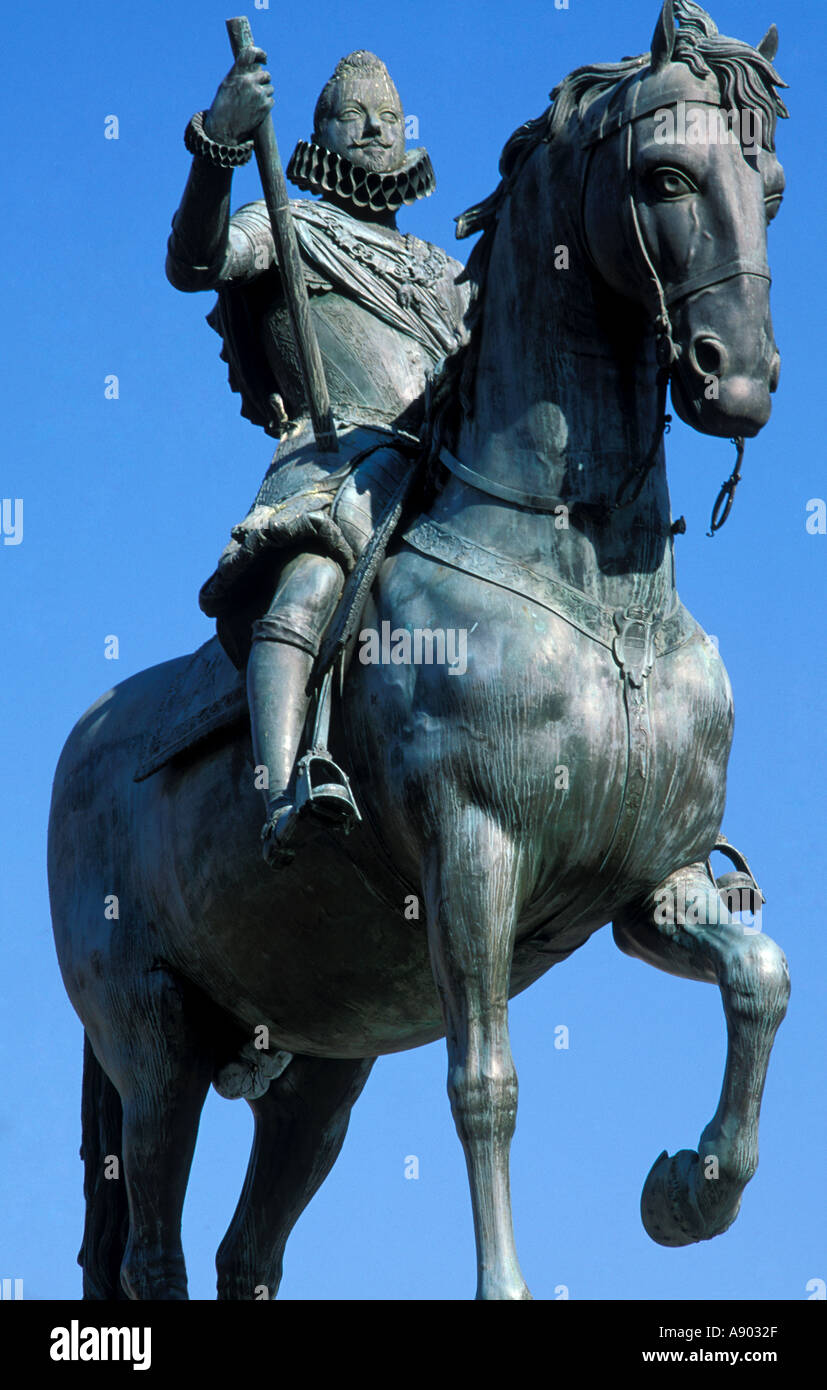 Statua di Felipe III Plaza Mayor Madrid Spagna Foto Stock
