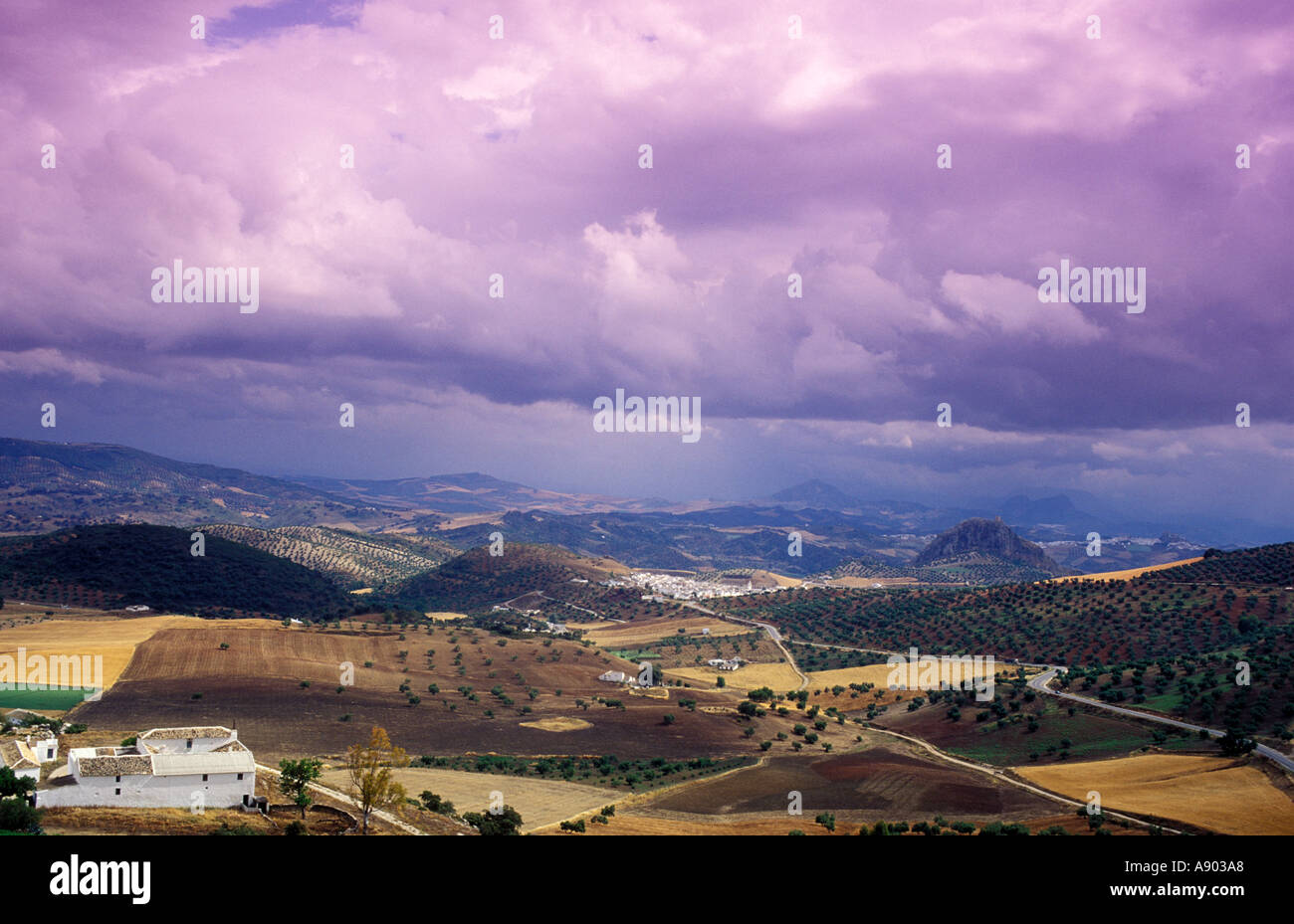Paesaggio con borgo e castello di La Pruna nella distanza la provincia di Cadiz Cadice Andalusia Andalusia Spagna Foto Stock