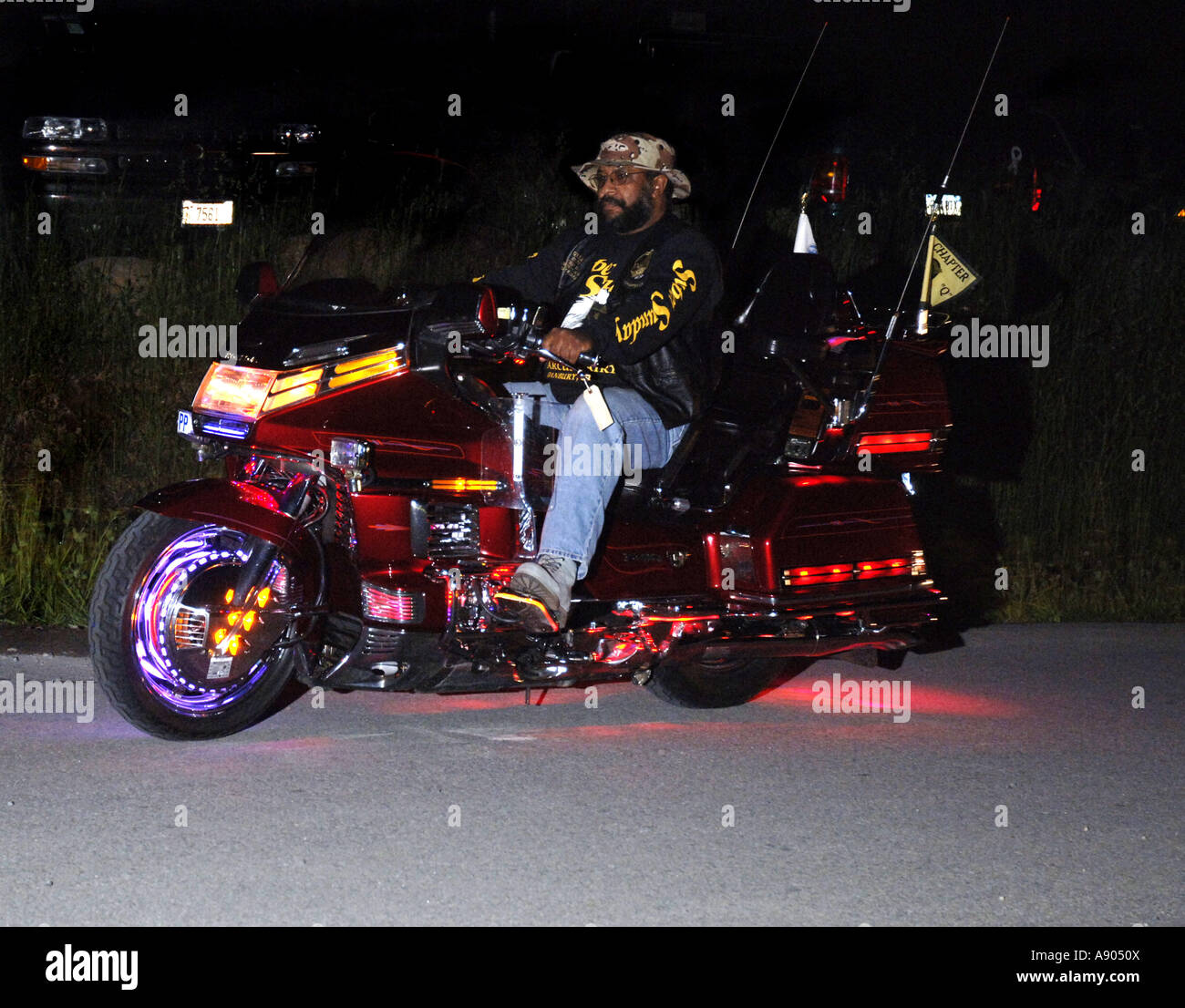 Lake George, New York. Americade Bike rally illuminazione decorativa contest. Le luci a LED possono essere controllati da un computer. Foto Stock